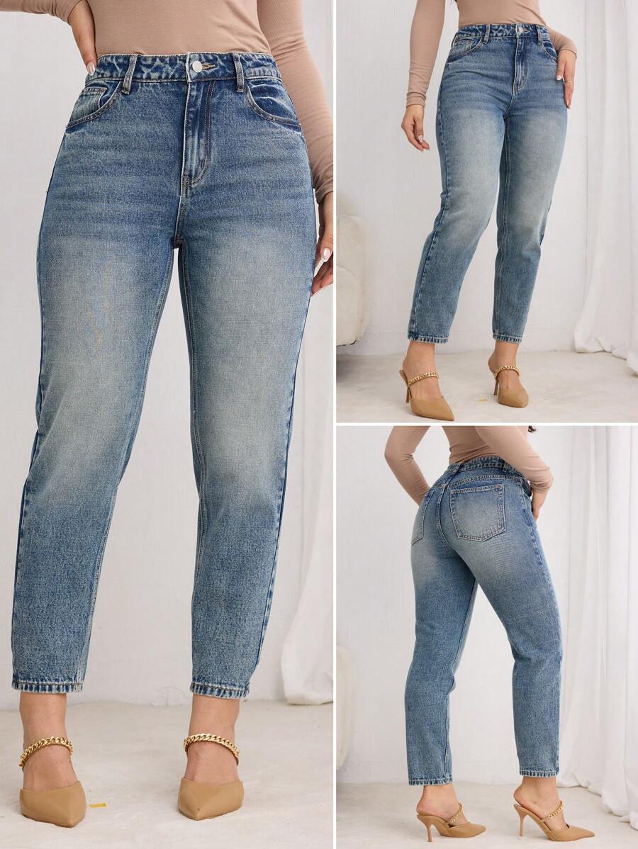 SHEIN LUNE 女式口袋休闲紧身锥形牛仔裤