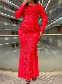 Viva Relle 大码女式黑色性感网眼长袖美人鱼连衣裙，紧身圆领高弹力 - 紅色 - 查看 6