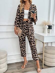SHEIN LUNE Bộ 2 chiếc/Bộ áo khoác kimono dài tay họa tiết da báo thường ngày cho nữ và quần, Xuân/Thu - Nhiều màu - Xem 5