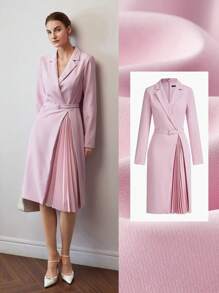 MOTF PREMIUM MIDIKLEID MIT REVERSKRAGEN, PLISSIERTEM EINSATZ, SCHNALLE UND GÜRTEL