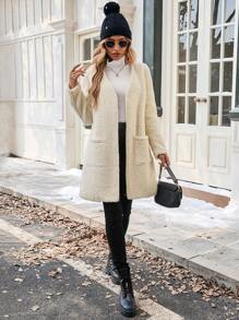 Chiquease Minimalist Solid Color V-Neck Fleece Warm Coat With Dual Pockets For Commuting