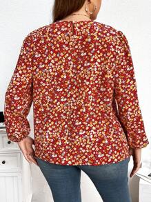 SHEIN Frenchy Áo cánh tay đèn lồng họa tiết hoa cỡ lớn cho nữ, mùa thu/đông - Đỏ - Xem 2