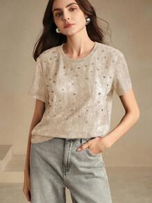 Anewsta 女士都市简约扎染仿旧水晶缀饰黑灰色 T 恤 - 杏色 - 查看 4