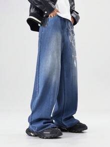 ROMWE MEN Street Life Men's Graphic Print Pocket Casual Baggy Jeans