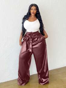 Slaydiva Plus Size Women High Waist Wide Leg Pants With Pockets And Belt, Elegant & Party & Casual Style, Solid Color, Spring Autumn, Winter - Burgundy - View 6