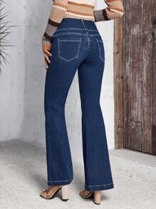 SHEIN LUNE 女式休闲喇叭牛仔裤，带口袋 - 藍色 - 查看 2