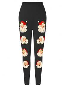 SHEIN LUNE 女士高腰圣诞老人印花休闲裤，适合日常穿着