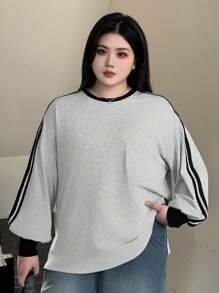 Dazy Petite Plus Plus Size Color Block Splice Crew Neck Loose Fit Sweatshirt,Fall Clothes - Grey - View 3