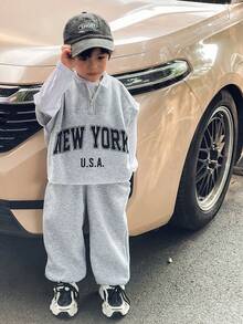 Bộ 2 sản phẩm/bộ áo chui đầu cổ tròn in chữ phong cách Hàn Quốc giản dị cho bé trai và quần nỉ màu trơn, thích hợp mặc đi học, làm vườn, đi biển, sinh nhật, xuân/hè/thu/đông - Xám - Xem 5