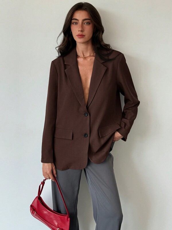 Aloruh Young Casual Commute Simple Gray Textured Oversized Loose Fit Long Sleeve Women Blazer, Winter, Business Casual, Elegant, Maroon , Baggy,