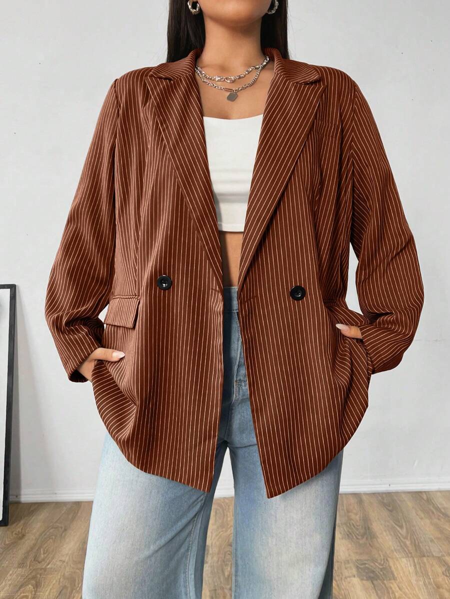 Flirla Plus Size Casual Pinstripe Double Breasted Loose Blazer - Multicolor - View 1