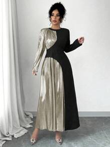 Selianne 1pc Women's Fashionable Elegant Contrast Color Patchwork Metallic Fabric Long Sleeve Dress Maxi Women Outfit - Multicolor - View 3