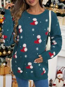 SHEIN Maternity Christmas Sweater, Women Knitted Pullover, Blue, Suitable For Autumn And Winter - Teal Blue - View 4
