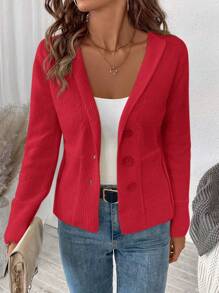 SHEIN LUNE 女士纯色正面纽扣休闲长袖毛衣开衫新年衣服