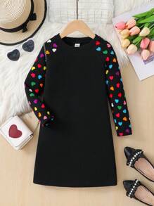 Váy suông tay raglan đan họa tiết trái tim cho bé gái - màu đen - Xem 1