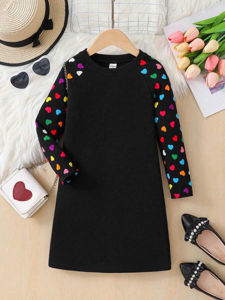 Váy suông tay raglan đan họa tiết trái tim cho bé gái - màu đen - Xem 1