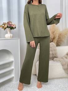 2pcs Minimalist Women Solid Color Round Neck Drop Shoulder Long Sleeve T-Shirt And Pants Homewear Set