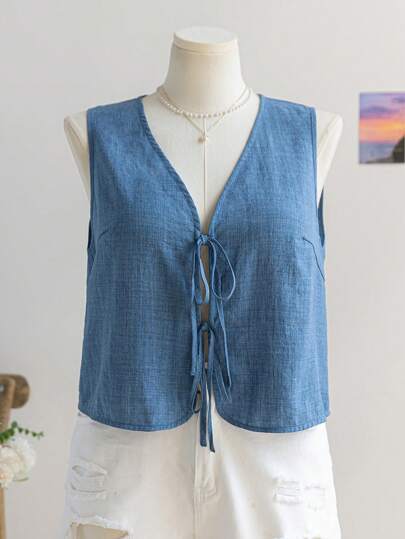 Soleia 大码女式蓝色V领系带无袖宽松上衣，适合假日、秋季、感恩节、圣诞节、海滩、万圣节等场合穿着，也适合秋季曲线身材和墨西哥风情。