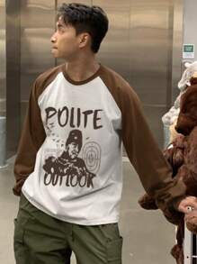 DAZY Men's Casual Contrastive Patchwork Person & Letter Print T-Shirt, Autumn - Grey - View 5