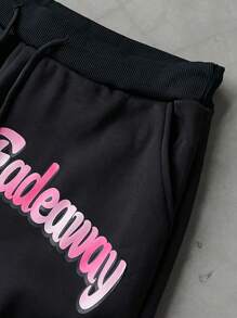 Manfinity EMRG 2pcs/Set Men's Casual Letter Print Drawstring Hooded Sweatshirt And Sweatpants Set - Black - View 3