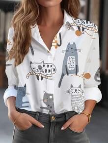 母亲节猫咪印花节日风格休闲纽扣长袖衬衫，女款
