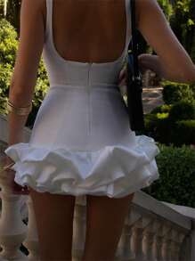 女士纯色圆领无袖泡泡下摆迷你连衣裙，Y2K返校季纯色迷你荷叶边露背连衣裙，半正式婚礼宾客礼服，白色女士鸡尾酒会礼服，适合生日派对、鸡尾酒会、婚礼宾客、毕业典礼、晚宴、返校活动 - 白色 - 查看 3