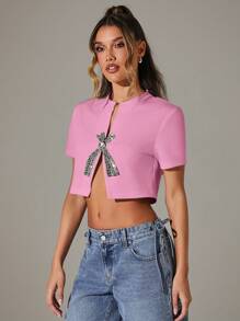 Denimoi White Cropped Top With Rhinestone Bow Detail