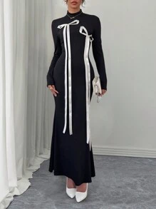 Chiquease 女士蝴蝶结高领长袖超长鱼尾下摆连衣裙 - 彩色 - 查看 5