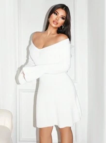 Zolique New White Women Mini Flare Dress With V-Neck, Sweater Dress For Autumn & Winter