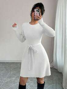 Chiquease 1pc Solid Color Fitted A-Line Midi Length Flare Sweater Dress