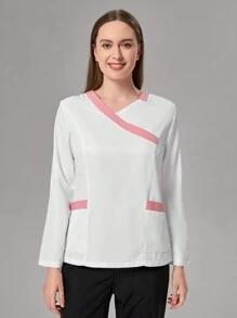 TaskEZ Blusa de uniforme casual tipo bata con mangas largas, bolsillo y bloqueo de color para mujeres