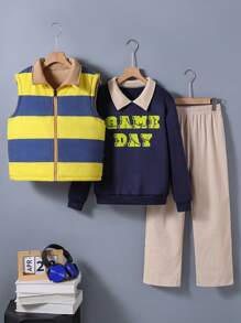 SHEIN Explorewe 2 pièces/Set Style universitaire américain décontracté pour pré-adolescents, ensemble 3 pièces - gilet réversible à rayures, sweat-shirt manches longues imprimé lettres et pantalon en velours côtelé, adapté pour l'automne et l'hiver - Multicolore - Voir 8