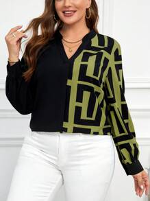 SHEIN Clasi Blusa elegante de manga larga con cuello con muesca, estampado geométrico y contraste de colores para tallas grandes