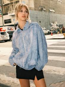 SHEIN EZwear 蓝色格纹印花衬里拉链休闲夹克 - 藍色 - 查看 3