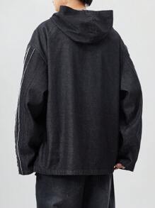 ROMWE MEN Prep Men's Jersey Casual Patchwork Denim Hooded Long Sleeve Sweatshirt, Street Chic Versatile