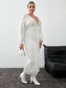 RueChic Plus Deep V Neck Bodycon Maxi Sweater Dress - White - View 5