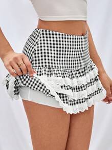 SHEIN EZwear 女士格子蕾丝拼接高腰不对称下摆半身裙 - 黑色 - 查看 3