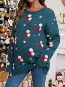 SHEIN Maternity Christmas Sweater, Women Knitted Pullover, Blue, Suitable For Autumn And Winter - Teal Blue - View 6