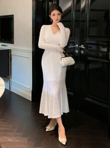 DAZY Women V-Neck Front Button Lace Patchwork Long Sleeve Dress,Ruffle,Fall Dress Prom Dress Elegant Women Dresses - White - View 7