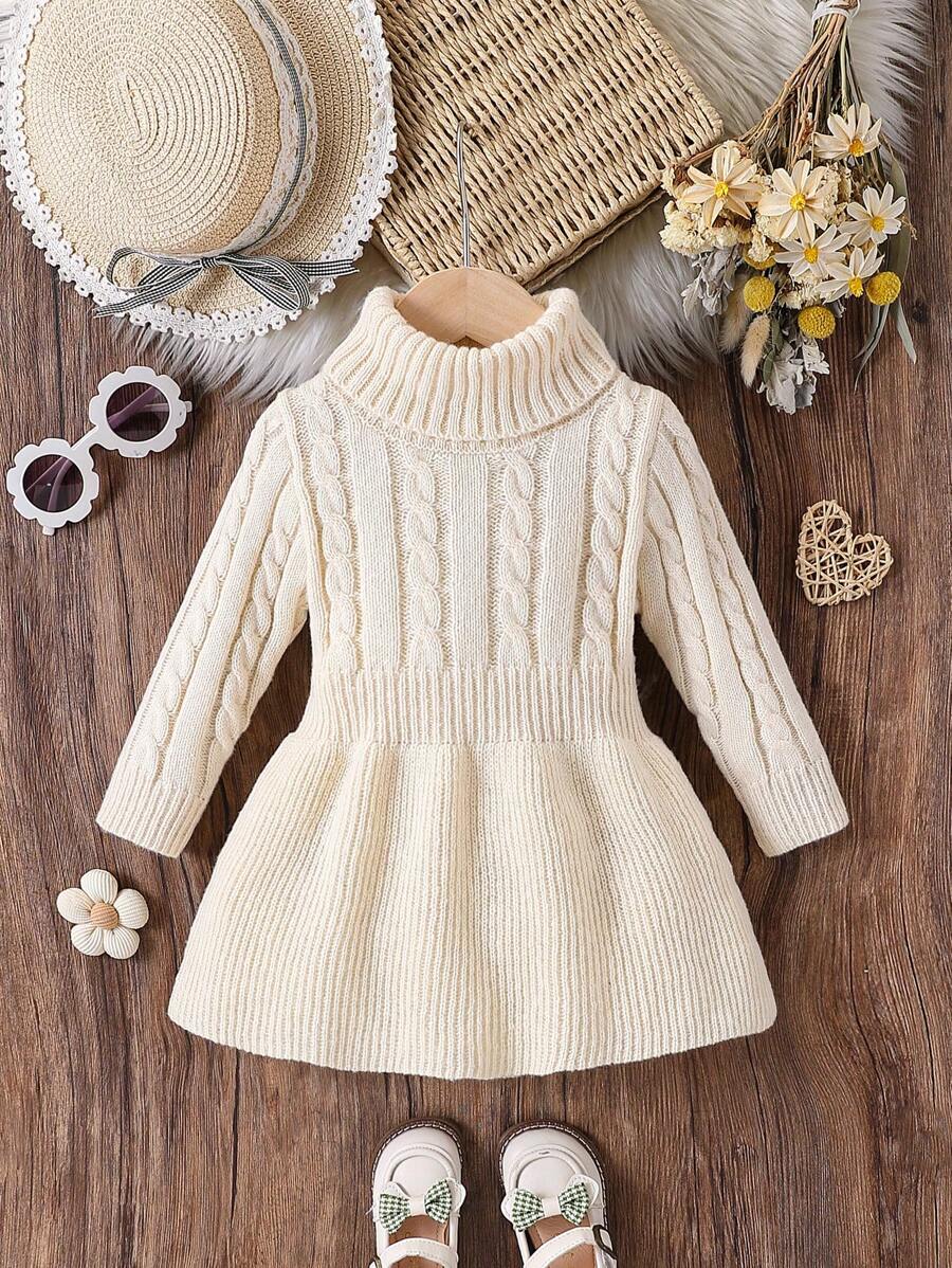 SHEIN 婴儿/女宝宝高领粗针织毛衣裙 - 杏色 - 查看 1