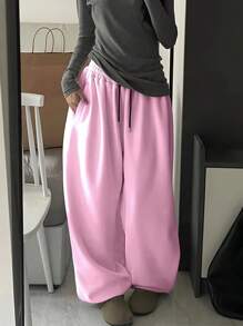 INAWLY 女士松紧腰带抽绳口袋宽松休闲哈伦运动裤 - 粉色 - 查看 3