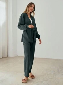 SHEIN Cottnline Cotton Drop Shoulder Belted Coat & Pants - Green - View 3
