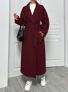 EURMUSE Lapel Neck Double Breasted Slant Pocket Waist Belt Tie-Up Woolen Overcoat - Burgundy - View 3