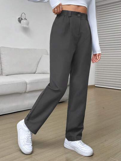 SHEIN EZwear Women's Solid Color Front Button Minimal Style Casual Pants For Daily Wear