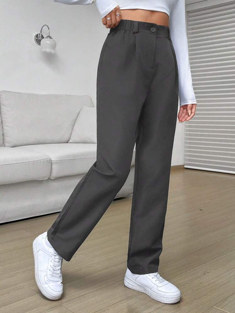 SHEIN EZwear 女式纯色前扣简约风格休闲裤，适合日常穿着 - 灰色 - 查看 3