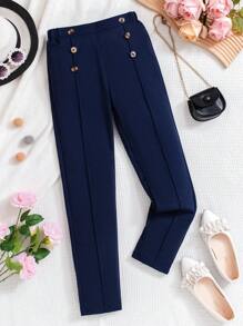 SHEIN Tween Girl Solid Color Double-Breasted Urban Tapered Pants - Navy Blue - View 7
