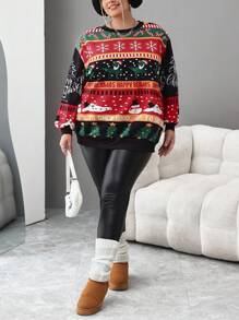 SHEIN CURVE+ Maglione natalizio con maniche lunghe in pile, taglie comode e morbide, per donna, adatto per autunno/inverno