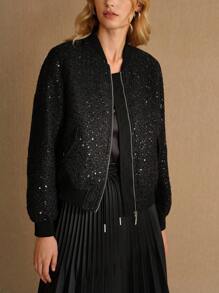 MOTF STUDIO 粗花呢亮片拉链门襟飞行员夹克 - 黑色 - 查看 7