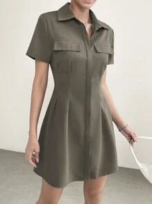 SHEIN EZwear 翻蓋細節褶皺襯衫連衣裙 - 灰色 - 查看 3