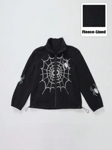 ROMWE MEN Goth Chaqueta casual con cremallera delantera para hombres con estampado de araña, diseño minimalista, Halloween